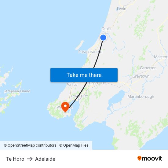 Te Horo to Adelaide map