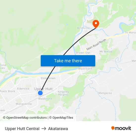Upper Hutt Central to Akatarawa map