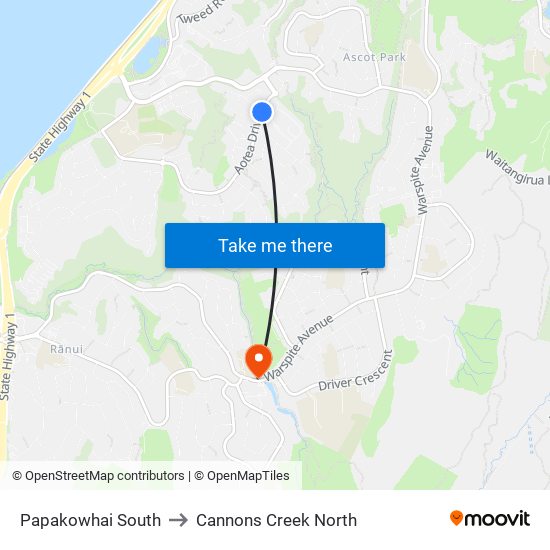 Papakowhai South to Cannons Creek North map