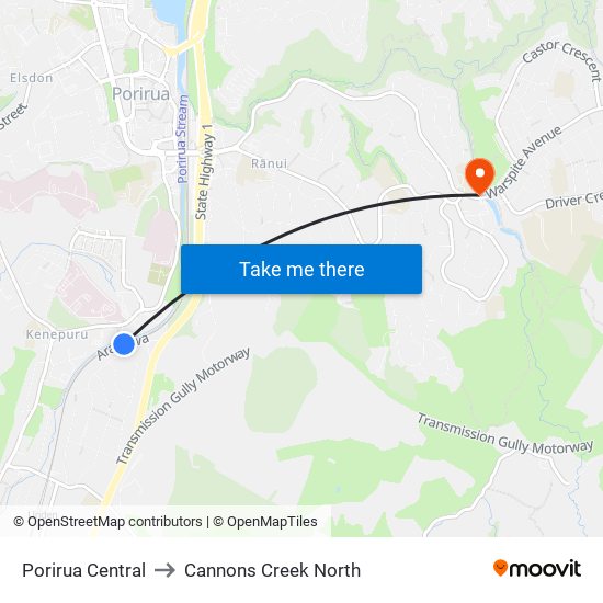 Porirua Central to Cannons Creek North map