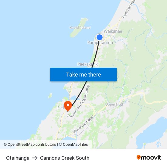 Otaihanga to Cannons Creek South map