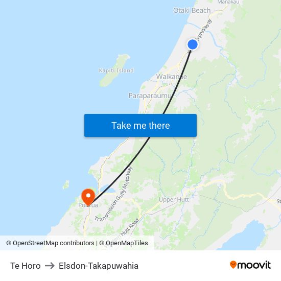 Te Horo to Elsdon-Takapuwahia map