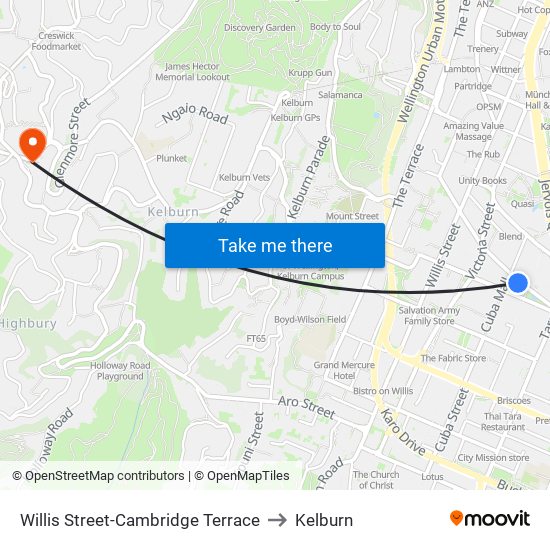 Willis Street-Cambridge Terrace to Kelburn map