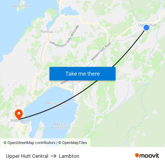 Upper Hutt Central to Lambton map