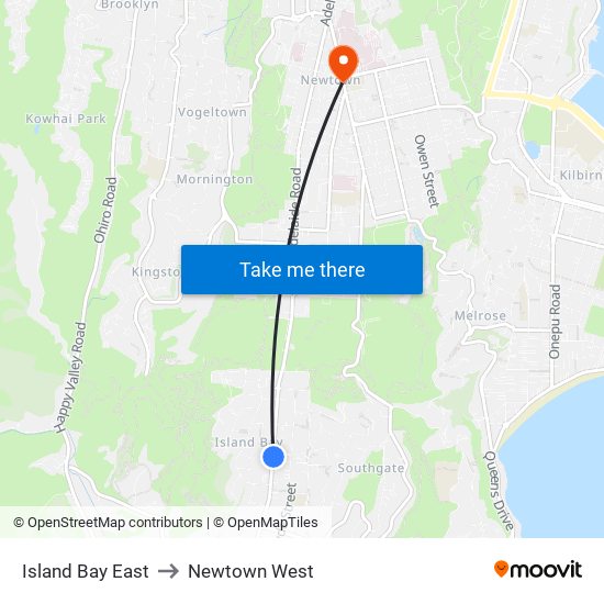 Island Bay East to Newtown West map