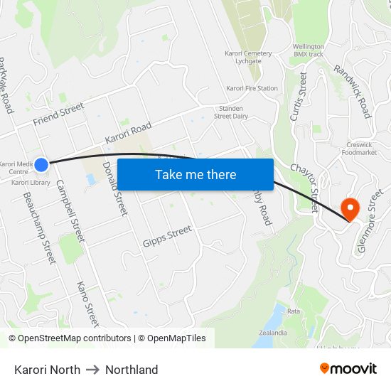 Karori North to Northland map