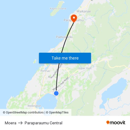 Moera to Paraparaumu Central map