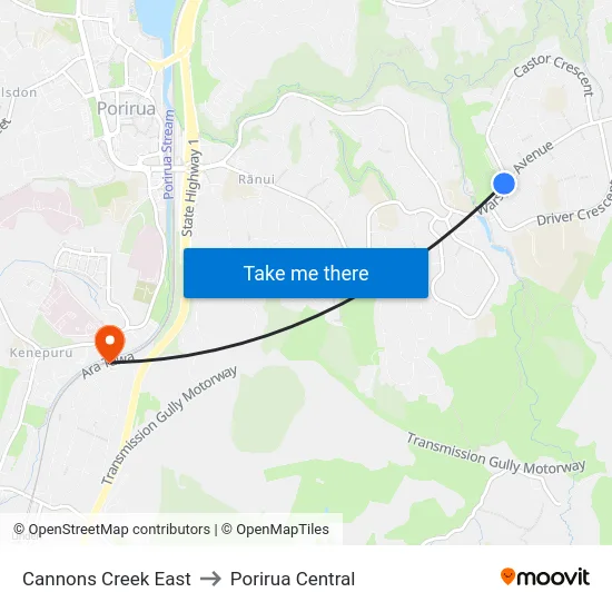 Cannons Creek East to Porirua Central map
