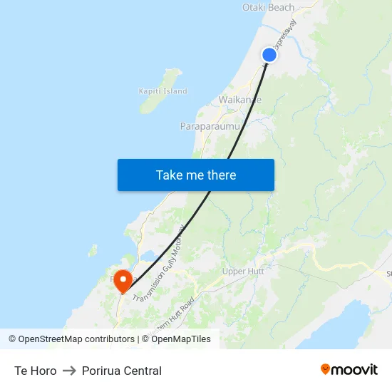 Te Horo to Porirua Central map