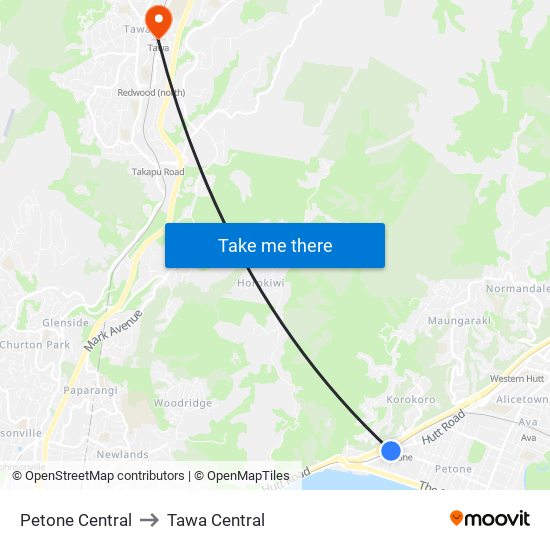 Petone Central to Tawa Central map