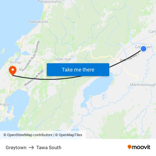 Greytown to Tawa South map