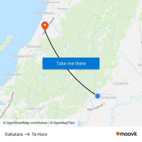Kahutara to Te Horo map