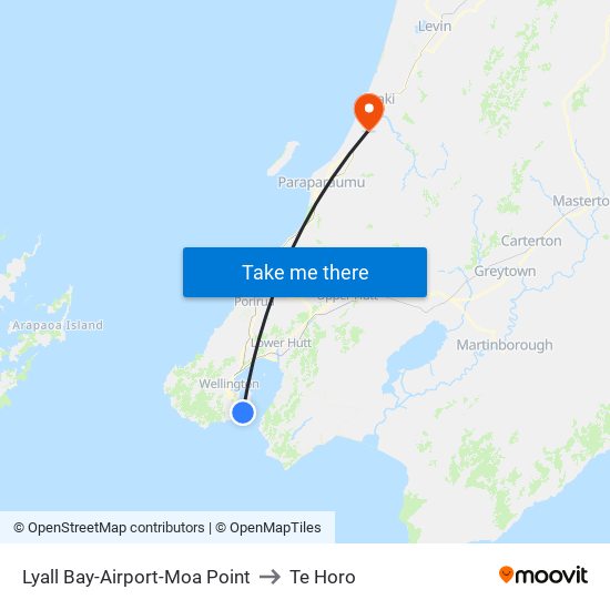 Lyall Bay-Airport-Moa Point to Te Horo map