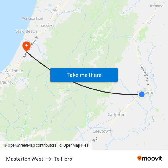 Masterton West to Te Horo map