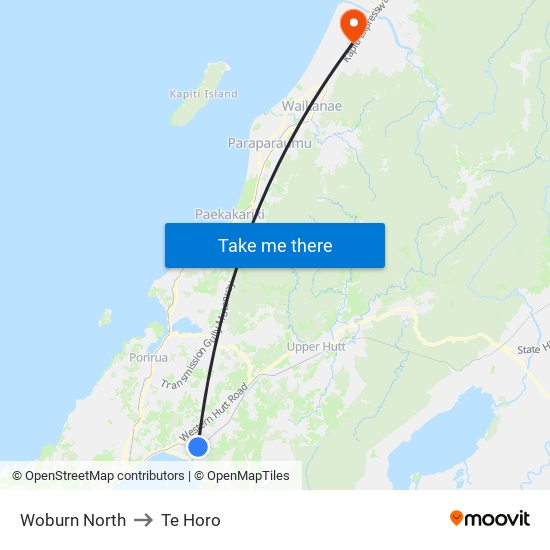 Woburn North to Te Horo map