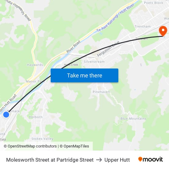 Molesworth Street at Partridge Street to Upper Hutt map