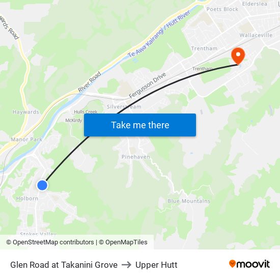 Glen Road at Takanini Grove to Upper Hutt map