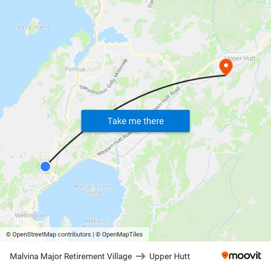 Malvina Major Retirement Village to Upper Hutt map