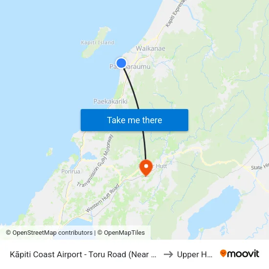 Kāpiti Coast Airport - Toru Road (Near 30) to Upper Hutt map