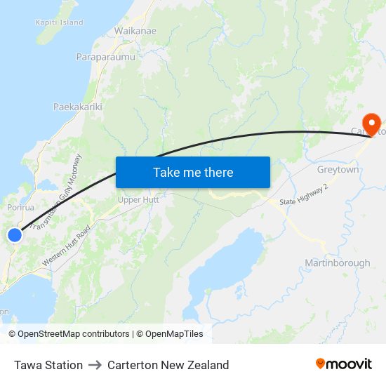 Tawa Station to Carterton New Zealand map