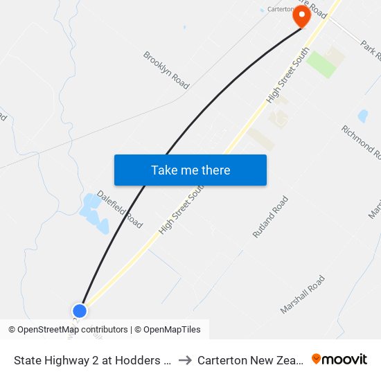 State Highway 2 at Hodders Road to Carterton New Zealand map