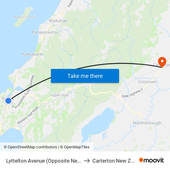 Lyttelton Avenue (Opposite New World) to Carterton New Zealand map