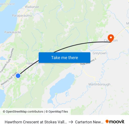 Hawthorn Crescent at Stokes Valley Road (Near 4) to Carterton New Zealand map