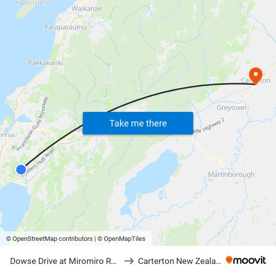 Dowse Drive at Miromiro Road to Carterton New Zealand map