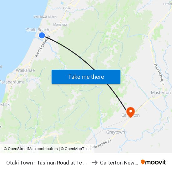 Otaki Town - Tasman Road at Te Rauparaha Street to Carterton New Zealand map