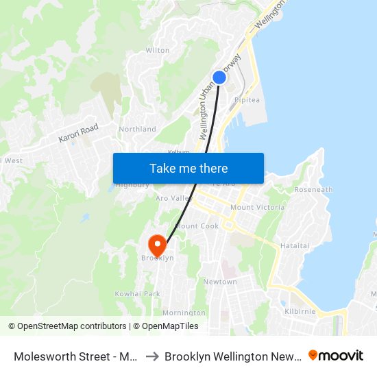 Molesworth Street - Motorway to Brooklyn Wellington New Zealand map