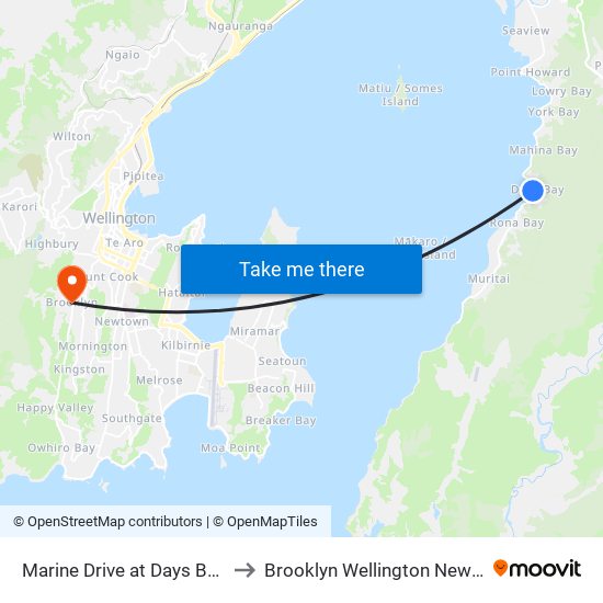 Marine Drive at Days Bay Wharf to Brooklyn Wellington New Zealand map