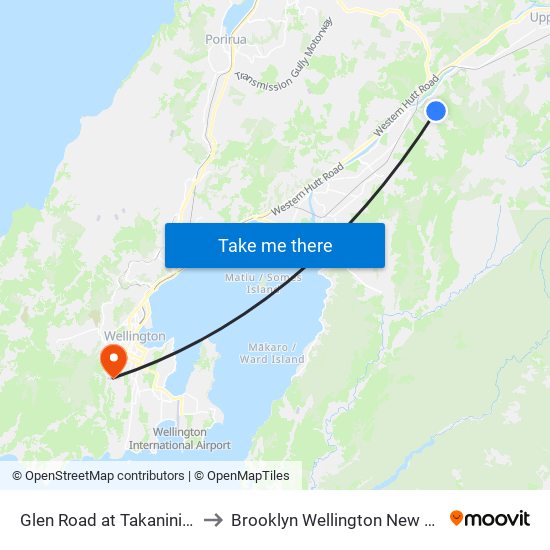 Glen Road at Takanini Grove to Brooklyn Wellington New Zealand map