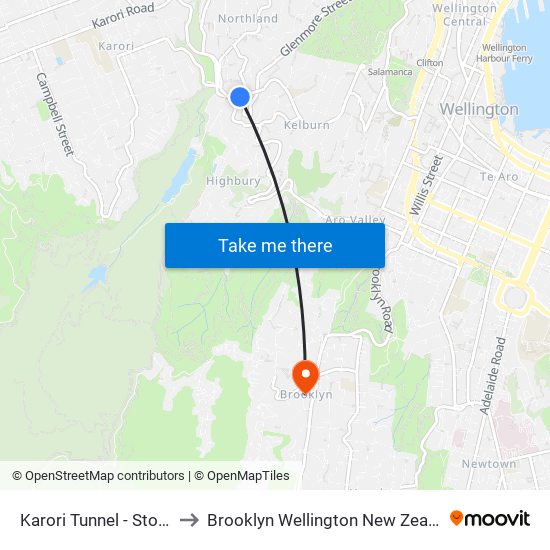 Karori Tunnel - Stop B to Brooklyn Wellington New Zealand map