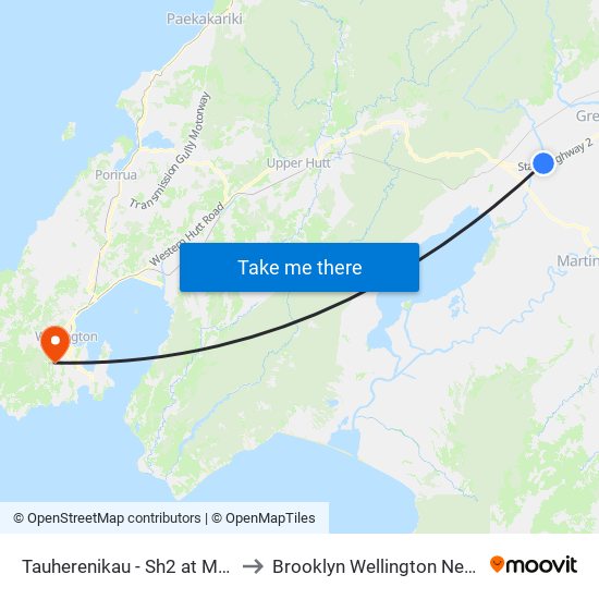 Tauherenikau - Sh2 at Moroa Road to Brooklyn Wellington New Zealand map