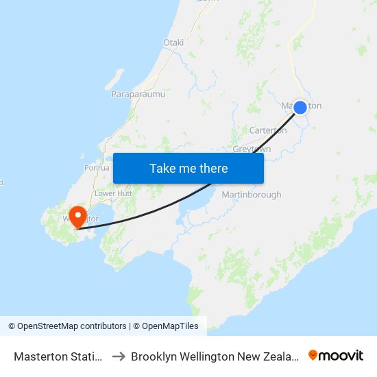 Masterton Station to Brooklyn Wellington New Zealand map