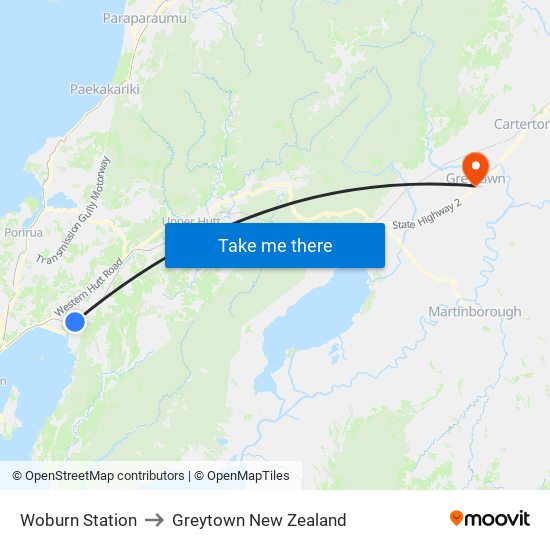 Woburn Station to Greytown New Zealand map