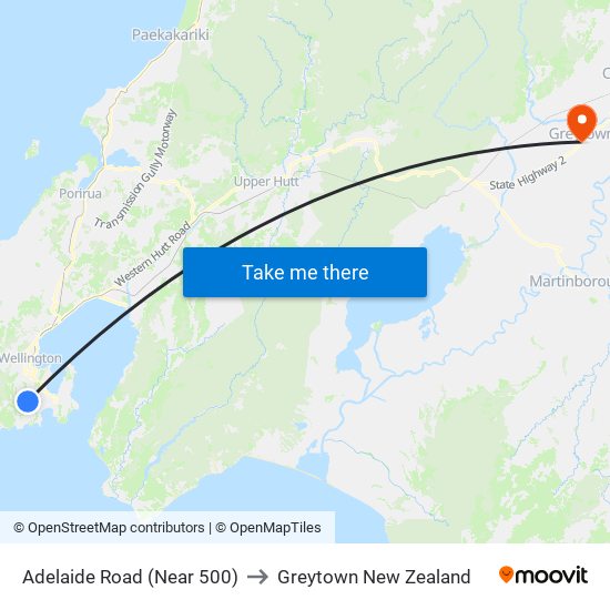 Adelaide Road (Near 500) to Greytown New Zealand map