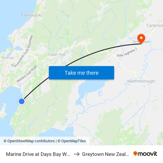 Marine Drive at Days Bay Wharf to Greytown New Zealand map