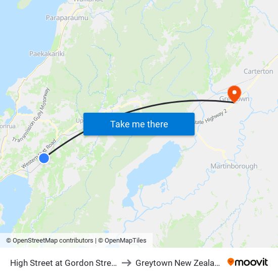 High Street at Gordon Street to Greytown New Zealand map