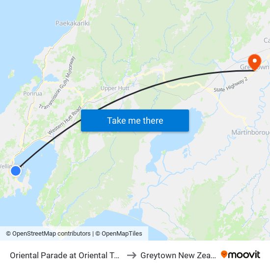 Oriental Parade at Oriental Terrace to Greytown New Zealand map