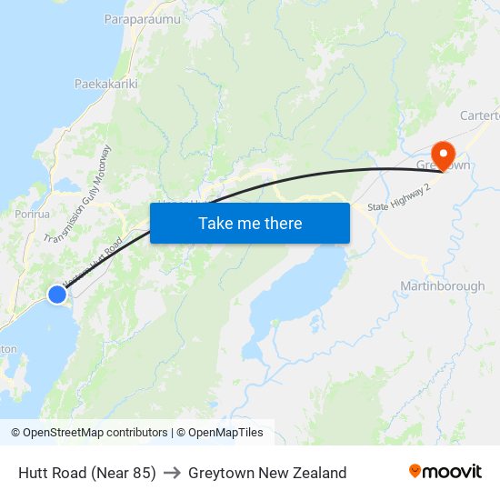 Hutt Road (Near 85) to Greytown New Zealand map