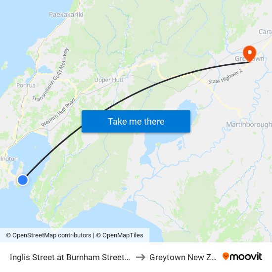 Inglis Street at Burnham Street (Near 88) to Greytown New Zealand map