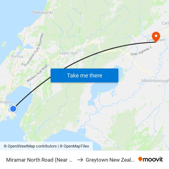 Miramar North Road (Near 103) to Greytown New Zealand map