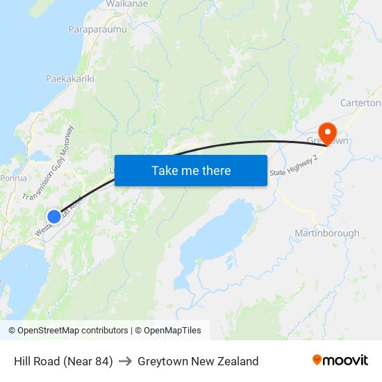 Hill Road (Near 84) to Greytown New Zealand map