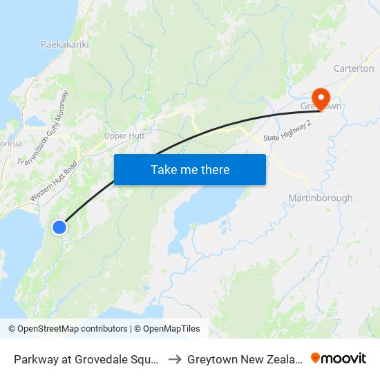 Parkway at Grovedale Square to Greytown New Zealand map