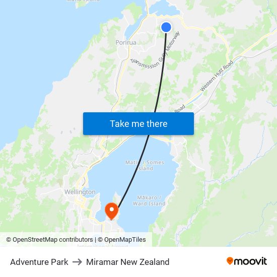 Adventure Park to Miramar New Zealand map