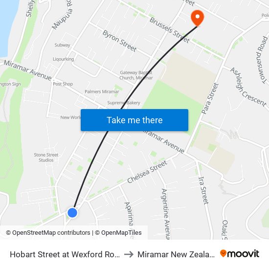 Hobart Street at Wexford Road to Miramar New Zealand map