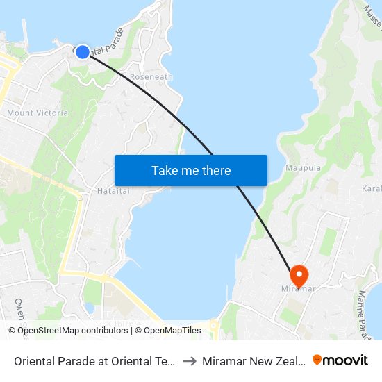 Oriental Parade at Oriental Terrace to Miramar New Zealand map