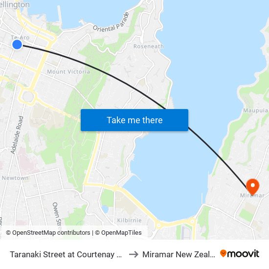 Taranaki Street at Courtenay Place to Miramar New Zealand map