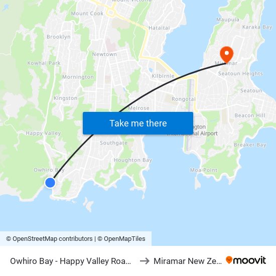 Owhiro Bay - Happy Valley Road (Near 4) to Miramar New Zealand map